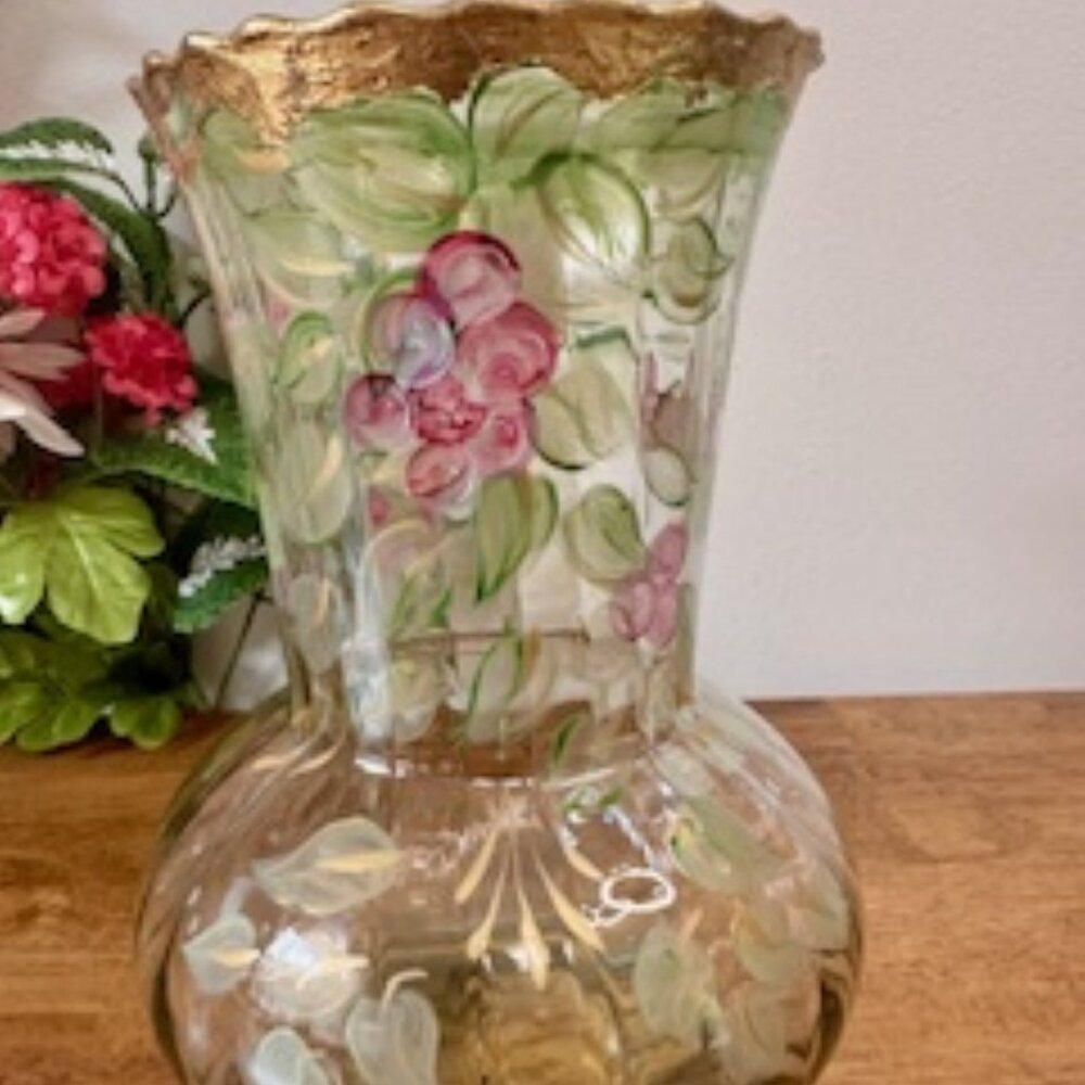 Hand‎ Painted Floral Glass Vase by Kerry Cook Vintage Gold Trim Scalloped Rim